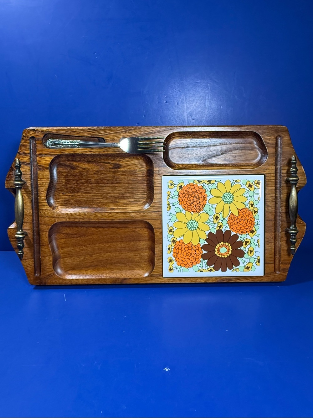 Vintage Hand-Carved Wood Imperial Hostess Tray MCM Floral Tile Japan 17.5”